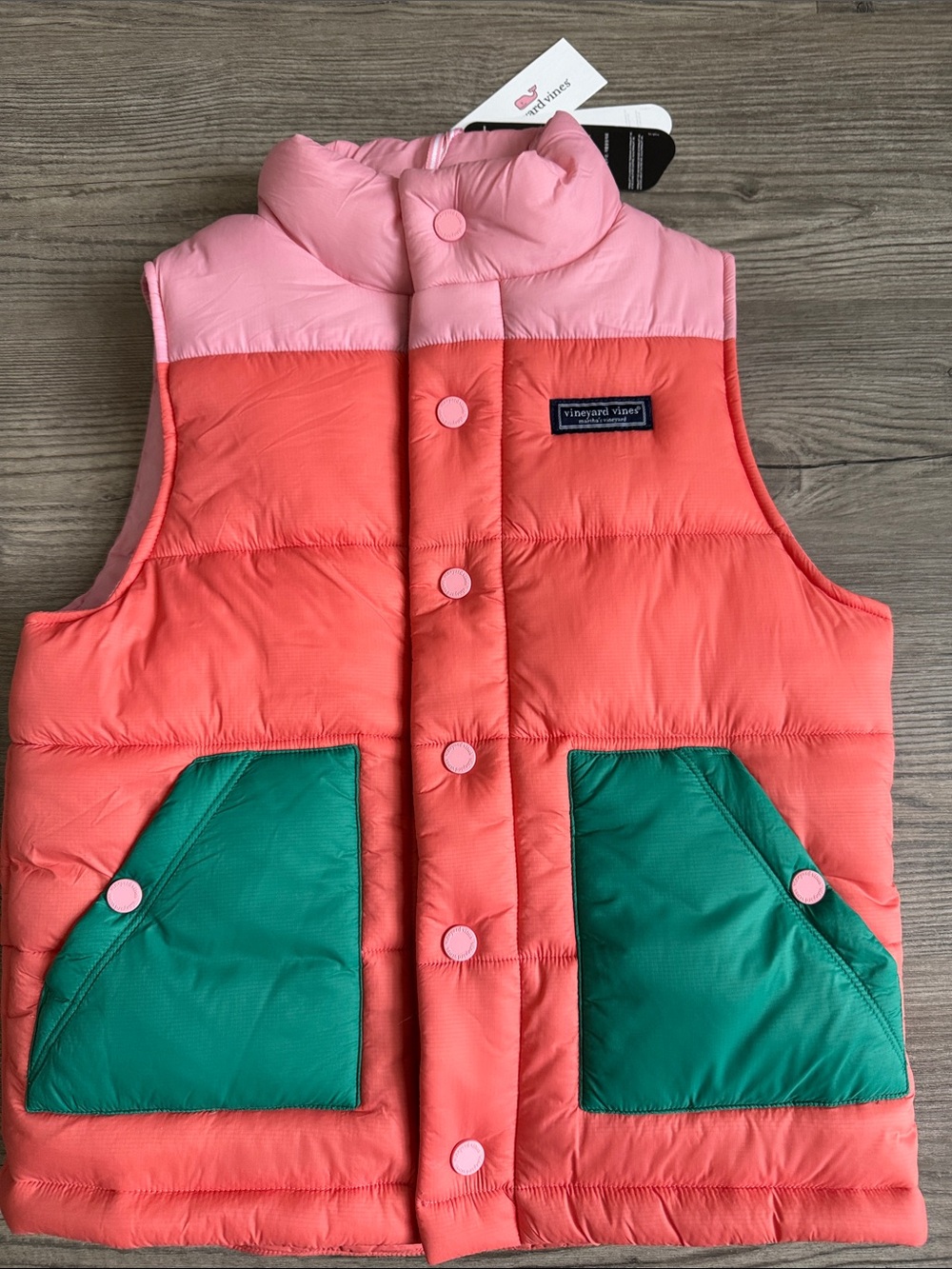 Vineyard Vines Coral & Pink Puffer Vest with Green Pockets